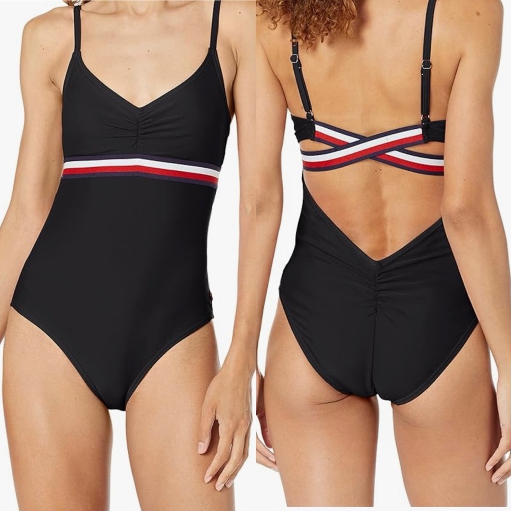 Tommy Hilfiger Black One-Piece Swimsuit with Red, White & Navy Striped Band
